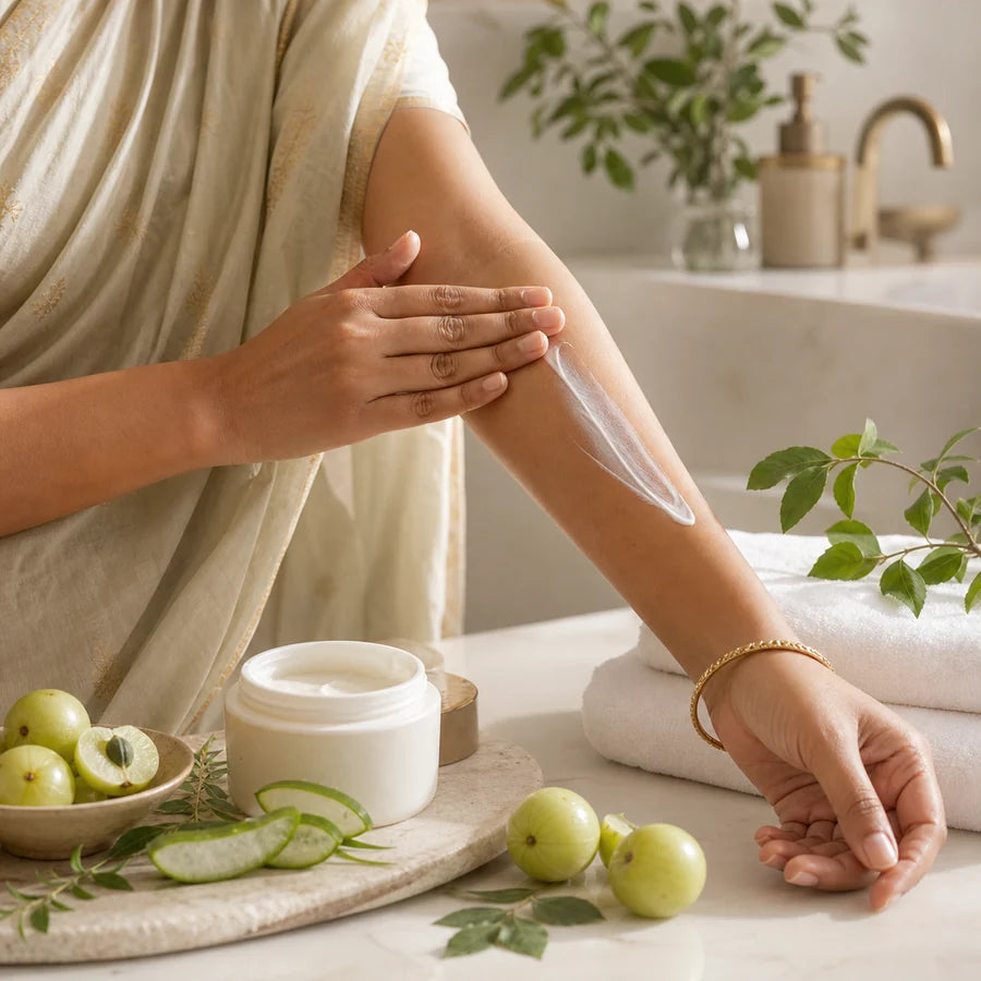 A woman applying Amlaki body care lotion
