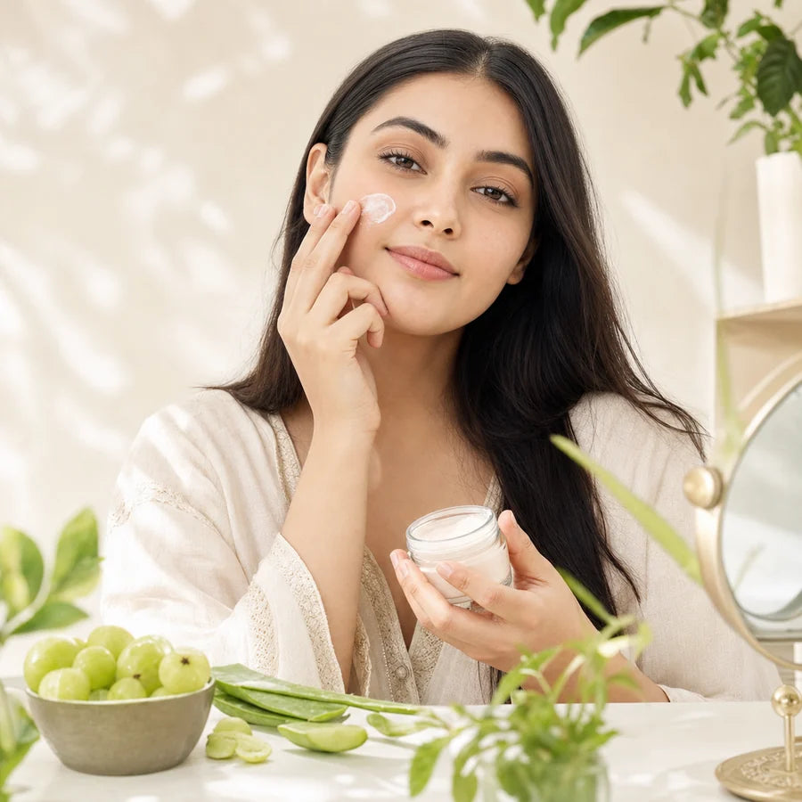 A woman applying Amlaki face care cream