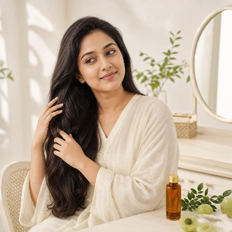 A woman caring for her long healthy hair
