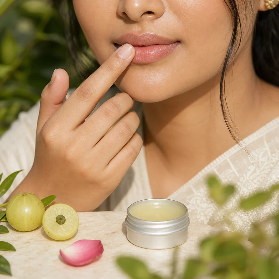 A woman applying natural Amlaki lip care